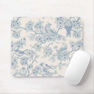 Birds and cherry blossom in blue and off white mouse pad