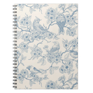 Birds and cherry blossom in blue and off white notebook