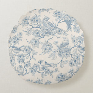 Birds and cherry blossom in blue and off white round cushion