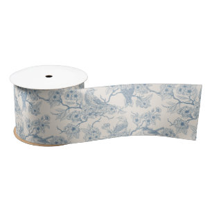 Birds and cherry blossom in blue and off white satin ribbon