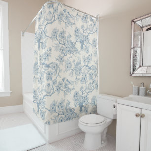 Birds and cherry blossom in blue and off white shower curtain