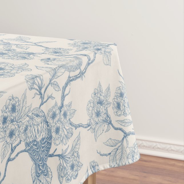 Birds and cherry blossom in blue and off white tablecloth (In Situ)