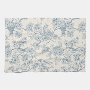Birds and cherry blossom in blue and off white tea towel
