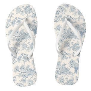 Birds and cherry blossom in blue and off white thongs