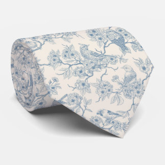 Birds and cherry blossom in blue and off white tie