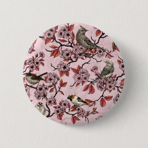 Birds and cherry blossom on rose pink 6 cm round badge