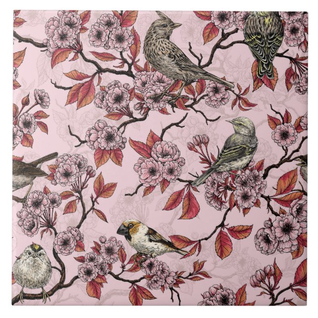 Birds and cherry blossom on rose pink ceramic tile (Front)
