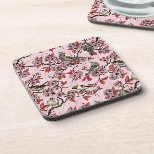 Birds and cherry blossom on rose pink coaster
