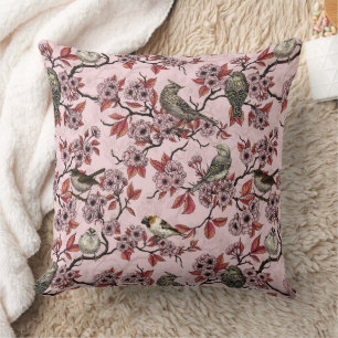 Birds and cherry blossom on rose pink cushion