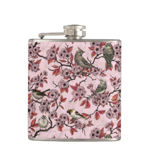 Birds and cherry blossom on rose pink hip flask