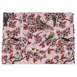 Birds and cherry blossom on rose pink large gift bag