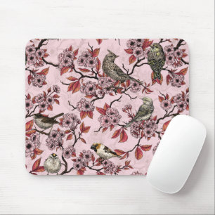 Birds and cherry blossom on rose pink mouse pad