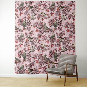 Birds and cherry blossom on rose pink tapestry