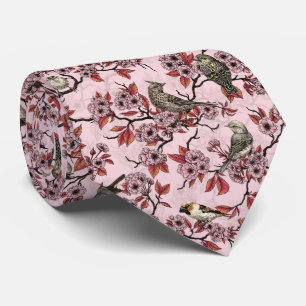 Birds and cherry blossom on rose pink tie