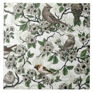 Birds and cherry blossom on white ceramic tile