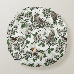 Birds and cherry blossom on white round cushion