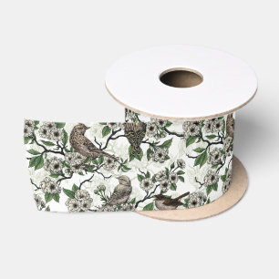 Birds and cherry blossom on white satin ribbon
