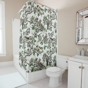 Birds and cherry blossom on white shower curtain