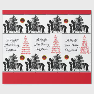 BIRDS AND CHRISTMAS TREE Black White Red Gems Wrapping Paper