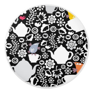 Birds and cups pattern ceramic knob