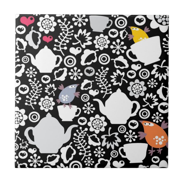 Birds and cups pattern ceramic tile (Front)