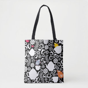 Birds and cups pattern tote bag