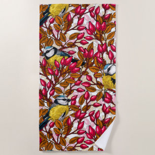 Birds and dog rose hips beach towel