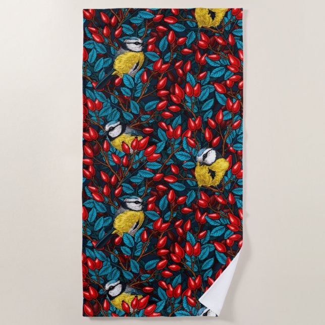 Birds and dog rose hips, blue and red beach towel (Front)