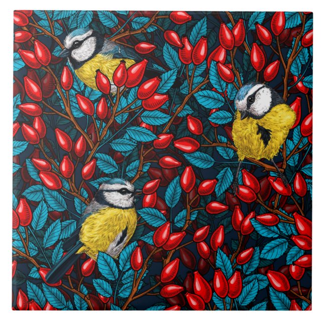 Birds and dog rose hips, blue and red ceramic tile (Front)