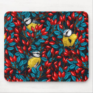 Birds and dog rose hips, blue and red mouse pad