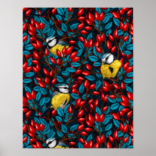 Birds and dog rose hips, blue and red poster