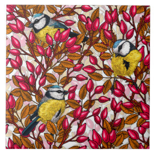 Birds and dog rose hips ceramic tile