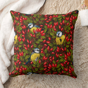 Birds and dog rose hips, green and red cushion