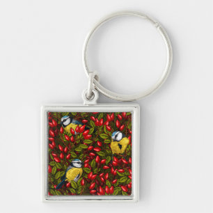 Birds and dog rose hips, green and red key ring