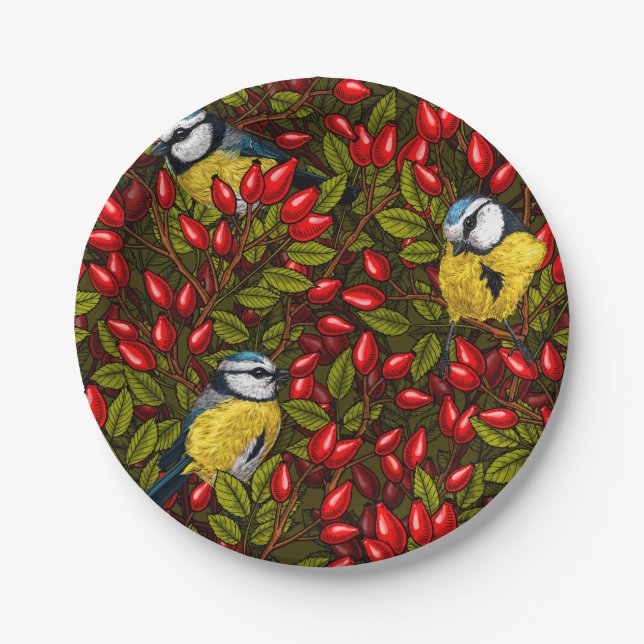 Birds and dog rose hips, green and red paper plate (Front)