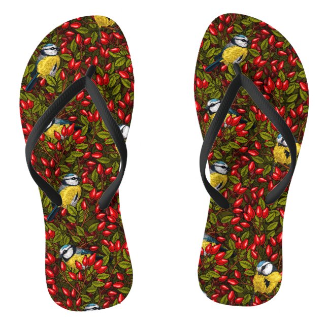 Birds and dog rose hips, green and red thongs (Footbed)