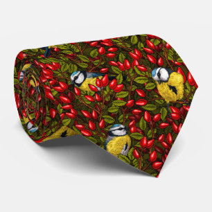 Birds and dog rose hips, green and red tie