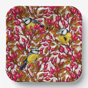 Birds and dog rose hips paper plates
