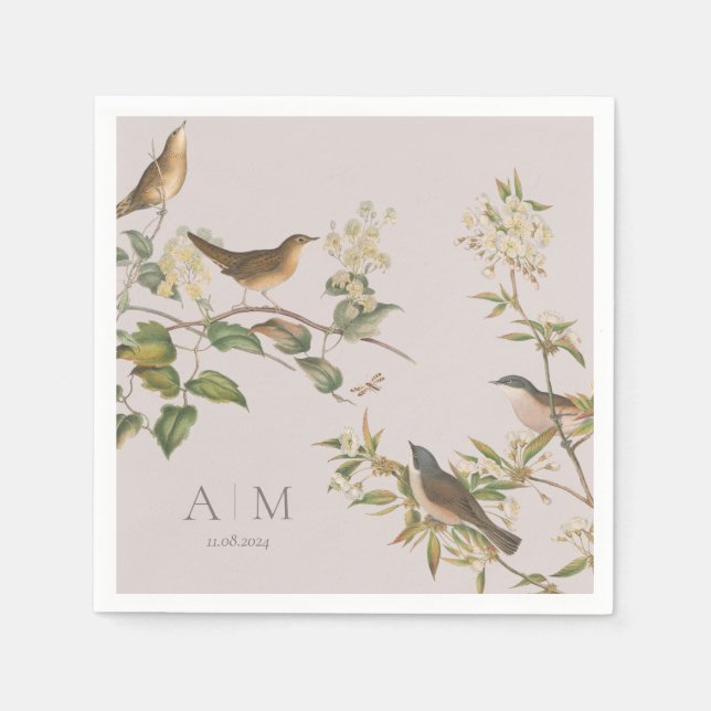Birds and eaves, romantic pink Paper Napkin (Front)