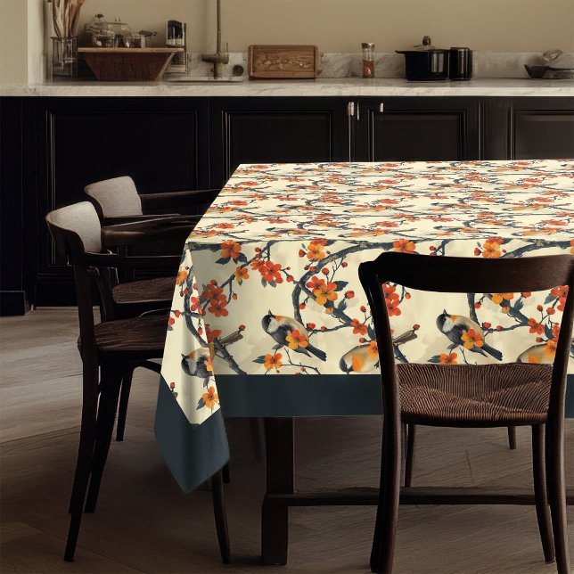 Birds and Fall Flowers Tablecloth Nature-Inspired  (Birds and Fall Flowers Tablecloth Nature-Inspired )