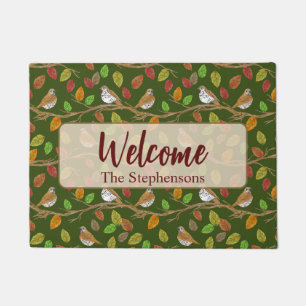Birds and fall leaves custom family name welcome doormat