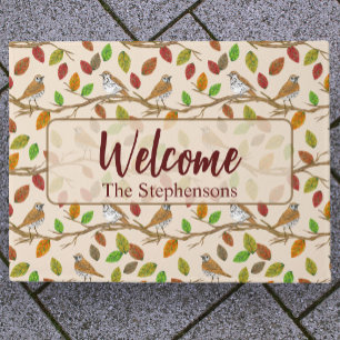 Birds and fall leaves custom family name welcome doormat