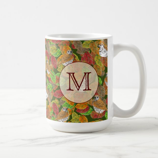 Birds and fall leaves custom initial monogram coffee mug (Right)