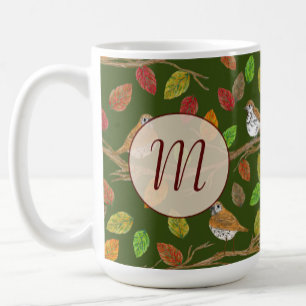 Birds and fall leaves custom initial monogram coffee mug