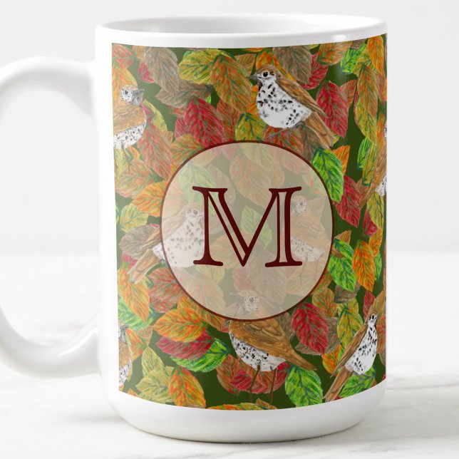 Birds and fall leaves custom initial monogram coffee mug (Creator Uploaded)