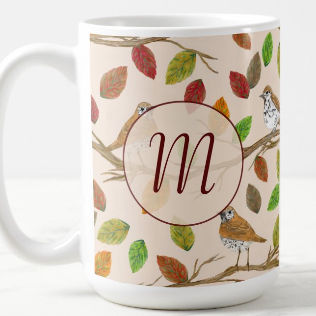 Birds and fall leaves custom initial monogram coffee mug (Creator Uploaded)
