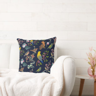 Birds and floral l Elegant navy blue background Cushion
