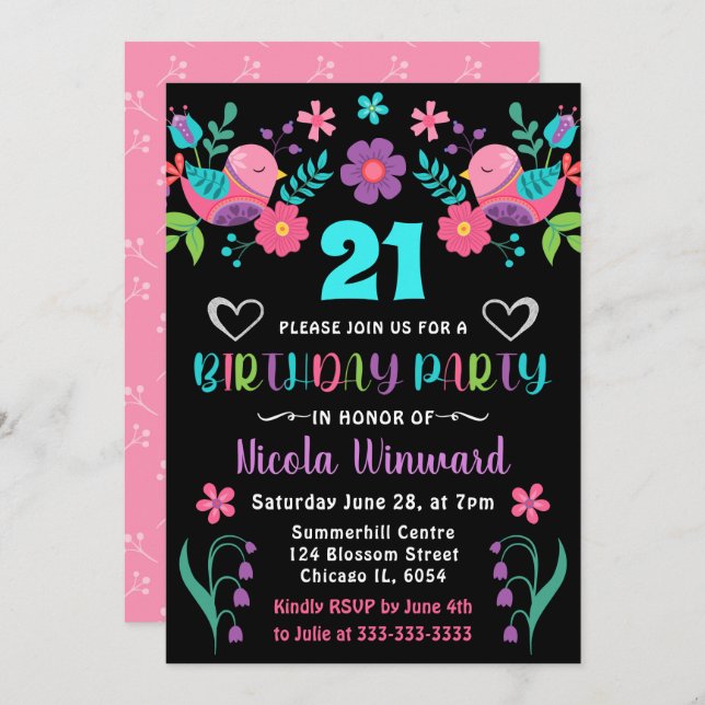 Birds and Floral Mexican Fiesta Birthday Party Invitation (Front/Back)