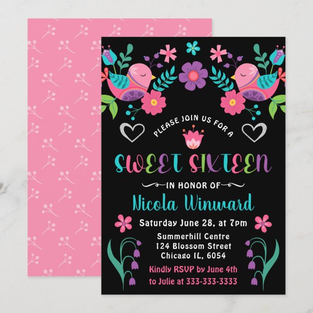 Birds and Floral Mexican Fiesta Sweet Sixteen Invitation (Front/Back)