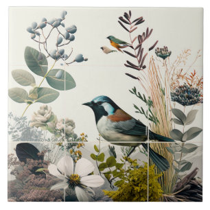 Birds and flowers ceramic tile